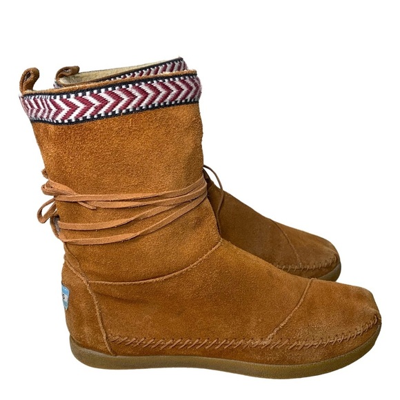 Toms Suede Leather Fleeced Moccasin Boots Rusty Brown Sz 8 Fleece Lining Native - Picture 3 of 16